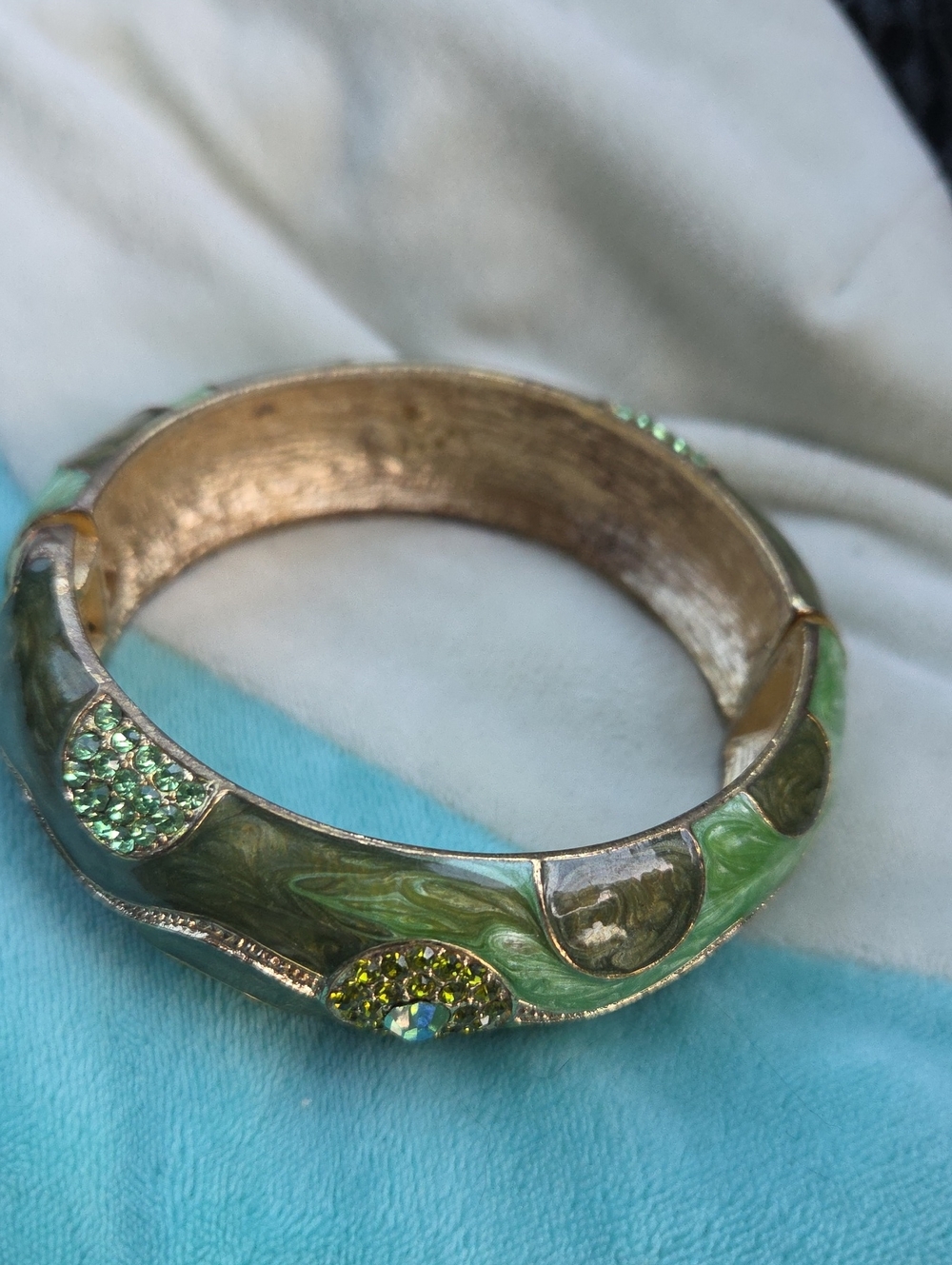 Vintage Hinged Oval Clamper Green Enamel & Rhinestone Accent Bracelet.